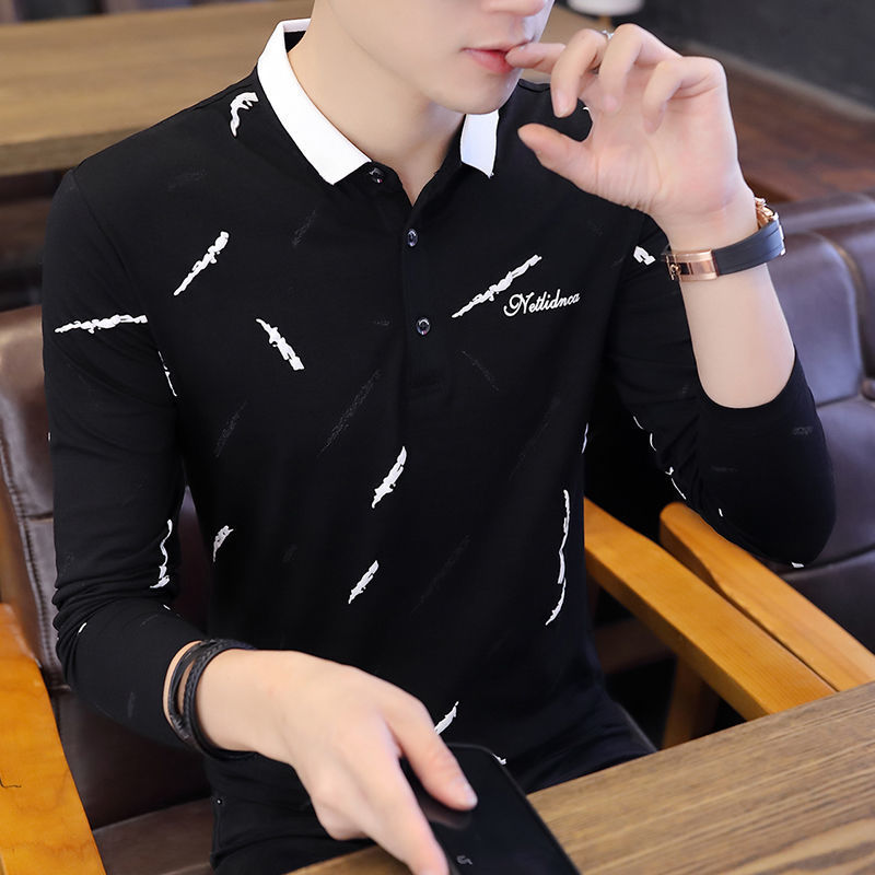 ผู้ชายแขนยาวTปกแบบบางสไตล์เกาหลีPOLOเสื้อเชิ๊ต