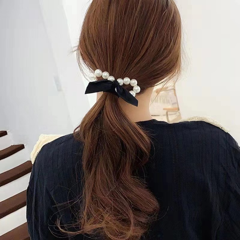 ขนาดหรูหรามุกโบว์ยางรัดหัวเชือกโพกศีรษะผูกผมผู้ใหญ่และเด็ก Elegant size pearl bow headband rubber band headdress hair tie adults and children