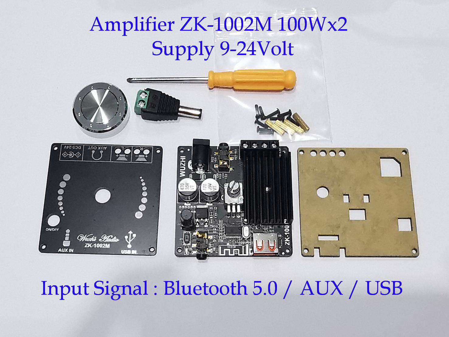 บอร์ดเครื่องขยายเสียง 2Ch. 100Wx2 .มี2รุ่น 1.)ZK-1002L มีBluetooth5.0อย่างเดียว  2.)ZK-1002M มีBluetooth,AUX ,USB / Supply 9-24 Volt DC. *Digital Power Audio Amplifier board 100W X2 (2Model 1.)ZK-1002L /2.)ZK-1002M