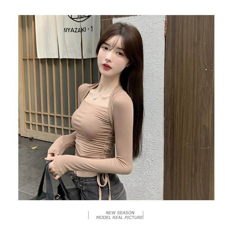 CACNCUT Women Crop Top Korean Style Chic Square Collar Blouse Top Sexy Slim  Drawstring Long Sleeves Top Women