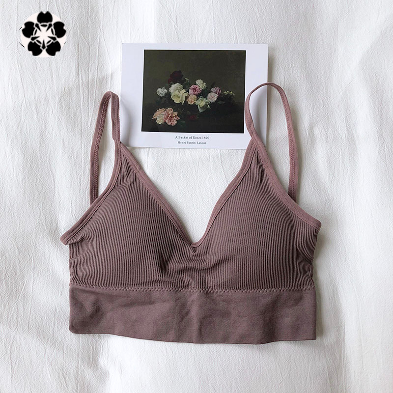 Babybra สายเดี่ยวผ้าร่อง หน้าV หลังU มีฟองน้ำถอดเปลี่ยนได้ บราเว้าหลังการออกแบบชุดชั้นในฝรั่งเศส ชุดชั้นในเซ็กซี่ สปอร์ตบรา CBB02