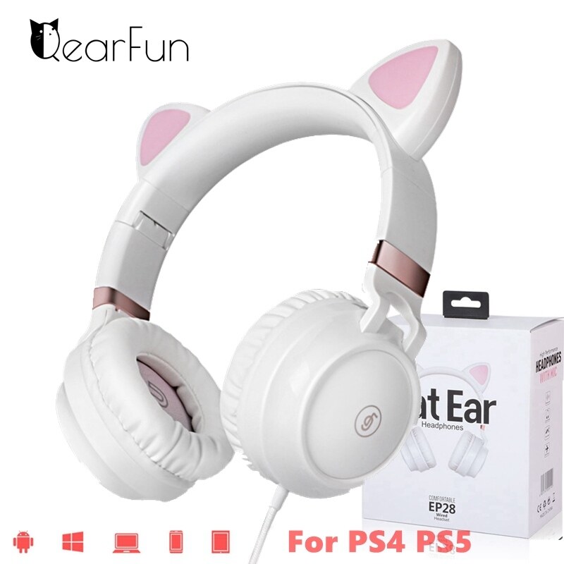 Phone PC Cute Cat Headphones With Mic Girls Children Wired Headset Gamer For iphone Laptop Stereo Bass Music Earphone kids Gift