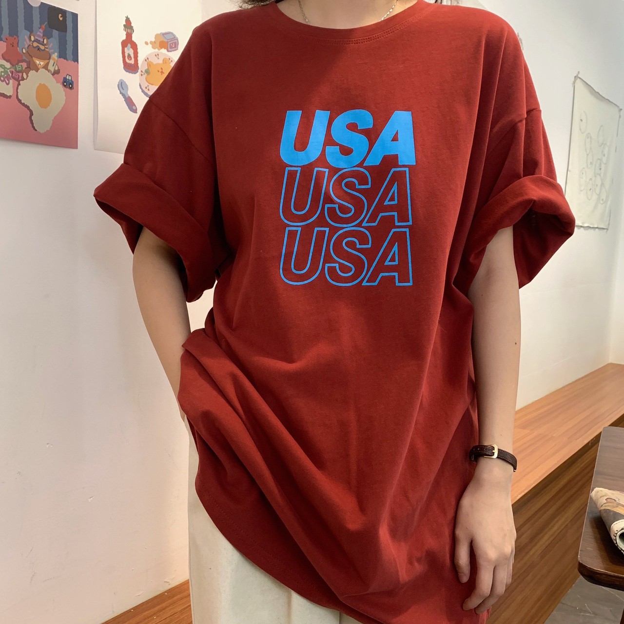 Fomu เสื้อยืดเกาหลี USA งานสกีนเริ่ด ผ้าคอนตอน เสื้อยืด โอเวอร์ไซส์ งานดีผ้าไม่บาง ใส่สบาย A015