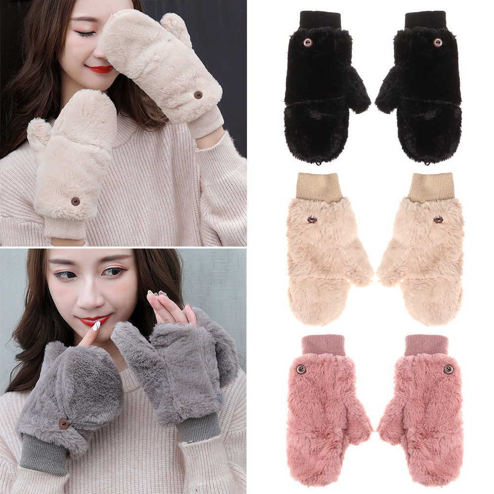 RVGCHC SHOP Women Girls Plus Velvet Windproof Winter Faux Fur Gloves Plush Mittens Flip Type Gloves Thicken Warm