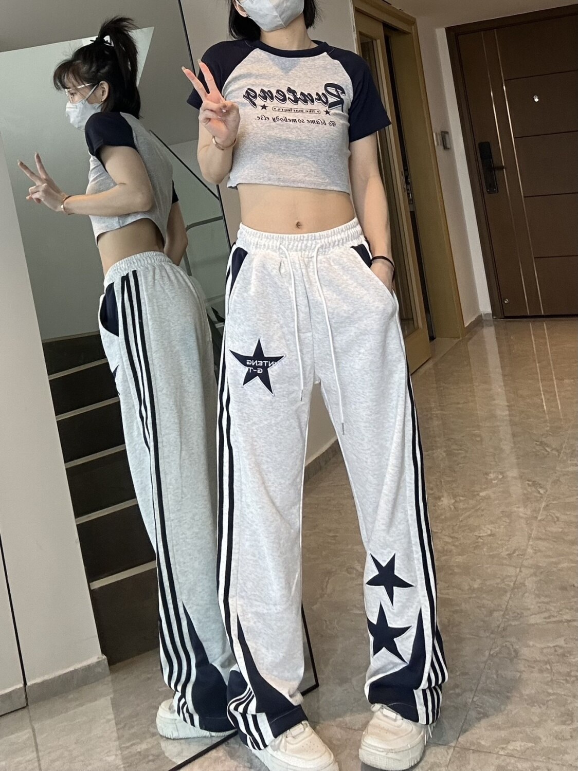 QWEEK Korean Fashion Joggers Sweatpants Women Harajuku Hip Hop Gray Wide  Leg Track Pants Oversized Kpop Baggy Sports Trousers