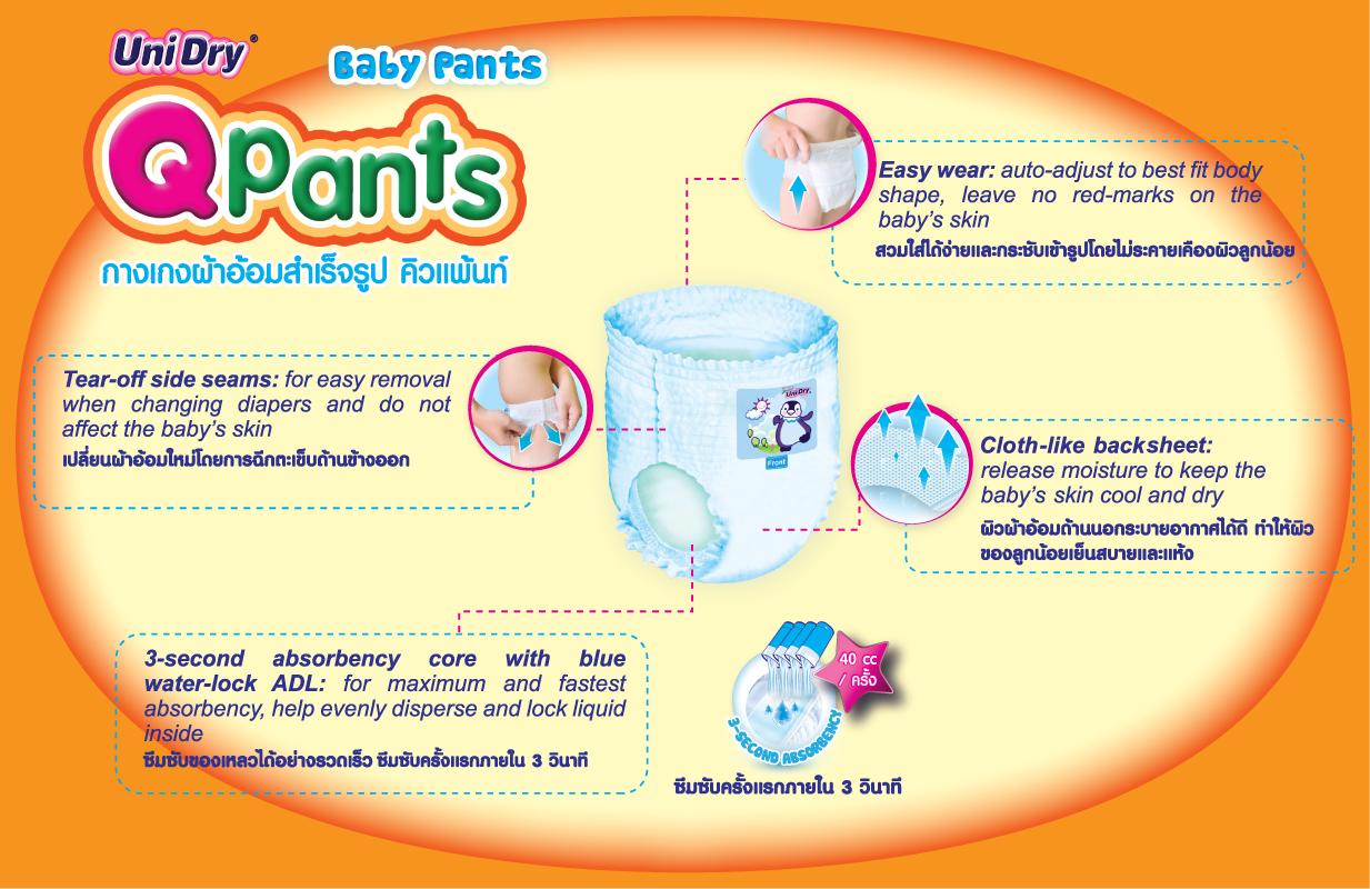 คำอธิบายเพิ่มเติมเกี่ยวกับ Qpants ผ้าอ้อมเด็กแบบกางเกง คิว แพ้นซ์ Size M (จำนวน 1 ห่อ 17 ชิ้น)