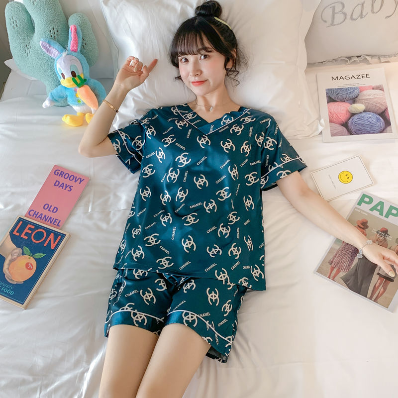 Lione-heart Storeชุดนอนผ้าไหมน้ำแข็งฤดูร้อนนักเรียนเกาหลีรุ่นบางน่ารักเพิ่มขนาดเลียนแบบผ้าไหมการ์ตูนชุดสองชุด