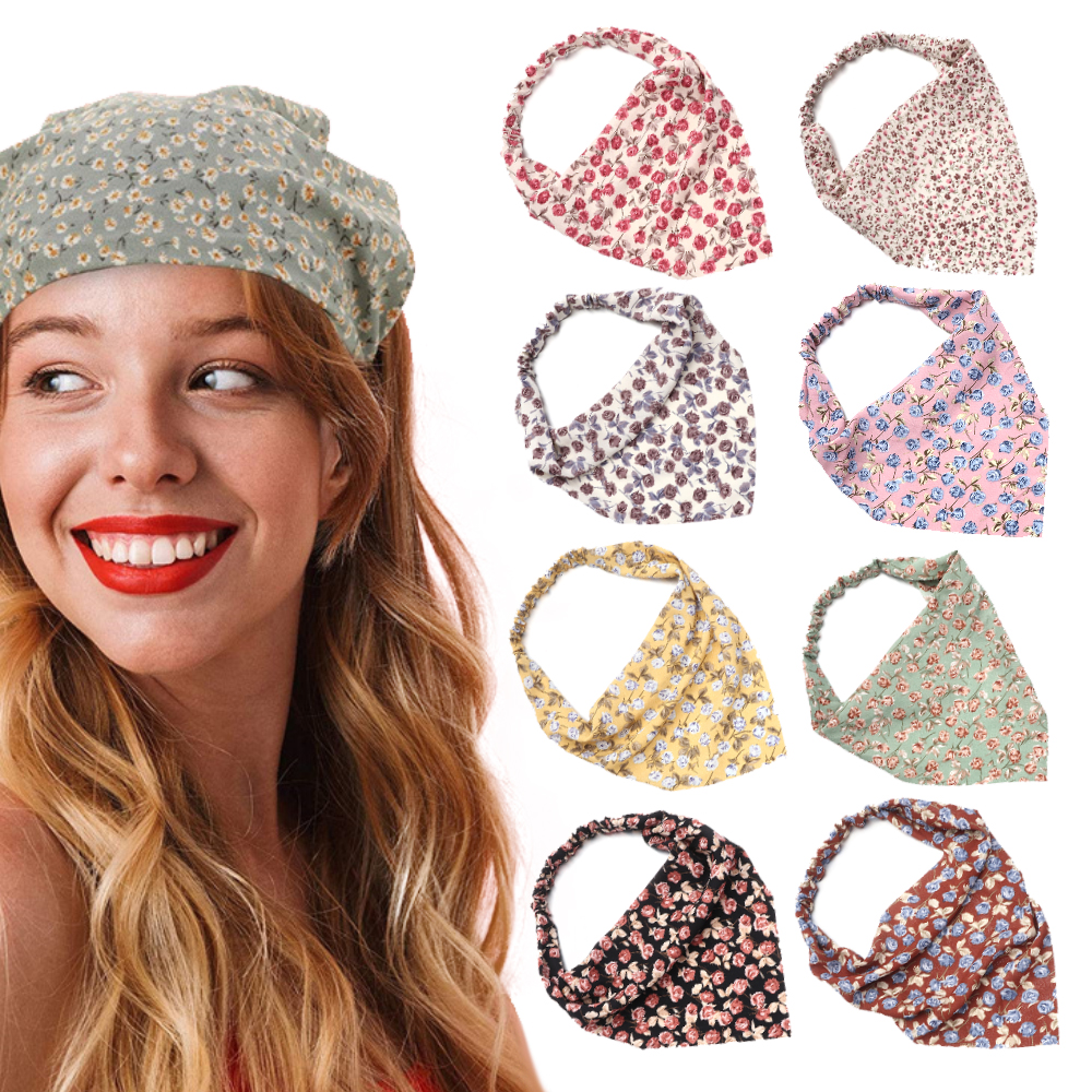 F8C503Y Elastic Scrunchie Turban Headbands Headwrap Hairbands Floral Print Bandanas Hair Scarf