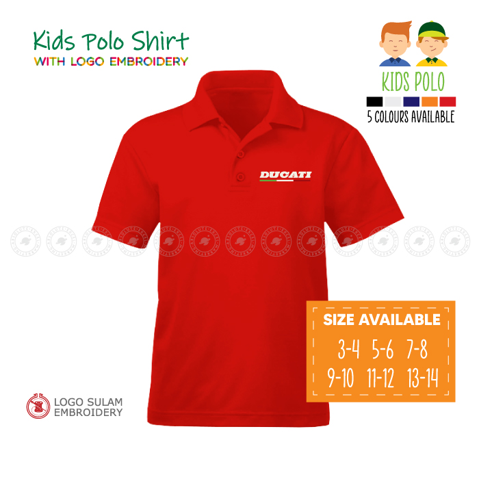 Kids Polo T Shirt Sulam Ducati Corse Italy Design MotoGP Superbike Motor Baju Kanak Kolar Budak Lelaki Cotton Embroidery