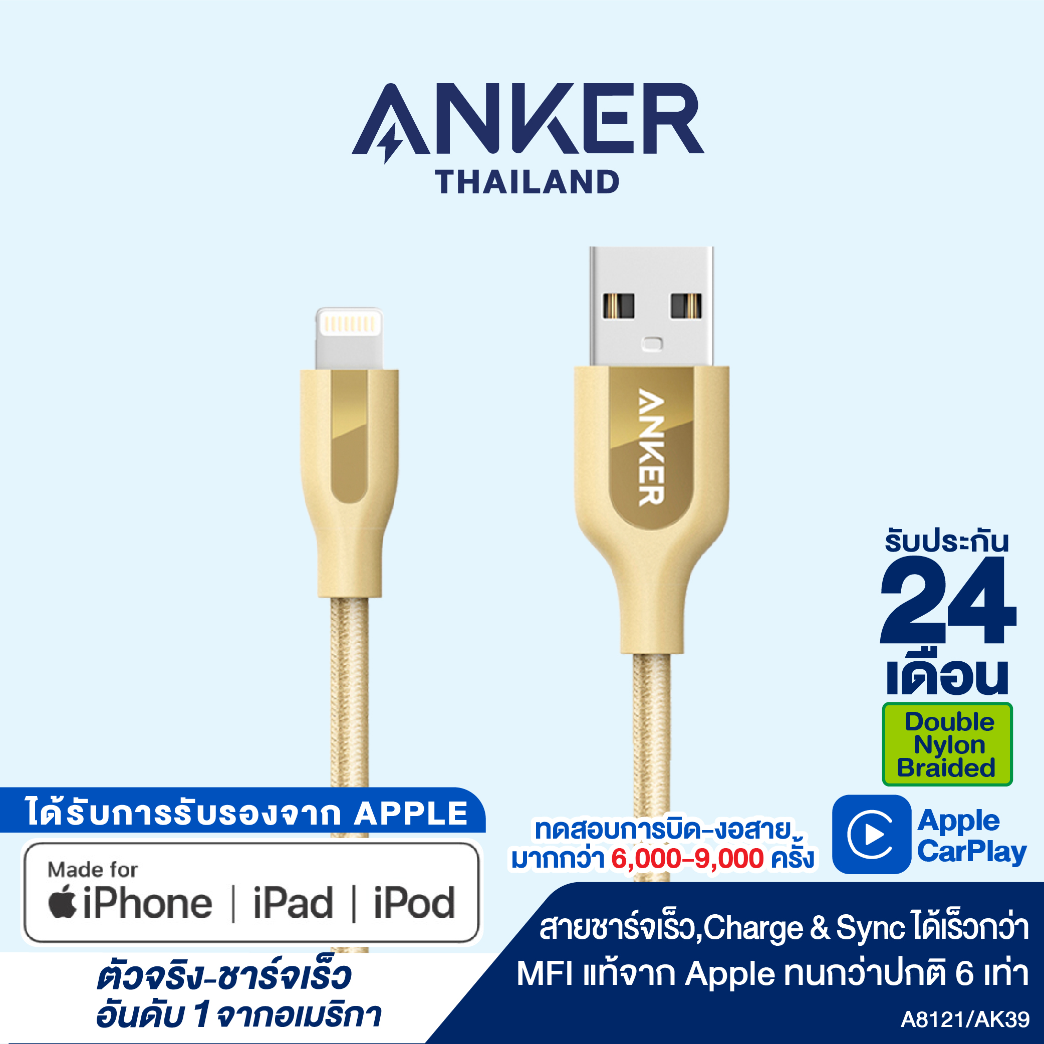 สายชาร์จ Anker PowerLine+ Lightning 90cm (3ft) สายชาร์จไอโฟน สายแท้ ชาร์จเร็ว หุ้มด้วย Nylon ถักถึง 2 ชั้น สำหรับ iPhone/iPad (MFi – Made for iPhone/iPad) ได้รับมาตรฐาน MFi จาก Apple มาพร้อมกระเป๋าเก็บสาย พกพาสะดวก