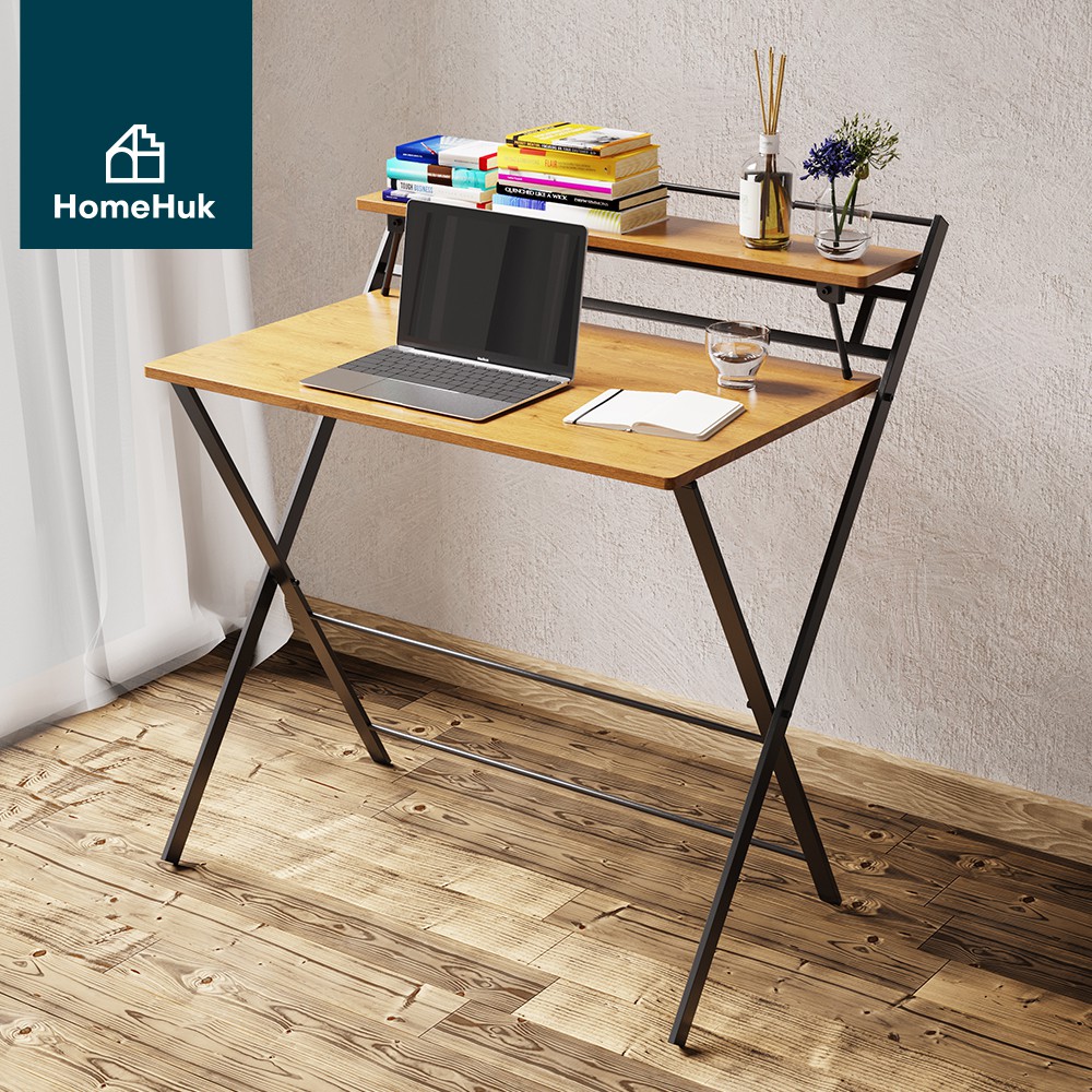 [เงินคืน10%] HomeHuk โต๊ะทำงานไม้ พร้อมชั้นวาง ไม่ต้องประกอบ 80x50x92cm โต๊ะคอม โต๊ะพับ โต๊ะทำงาน โต๊ะไม้ โต๊ะทำการบ้าน