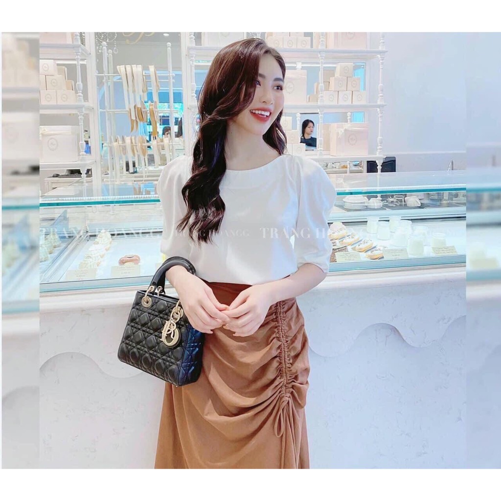 Set áo sơ mi trắng đũi mix chân váy nâu rút dây cho nữ - áo đũi trắng ulzzang