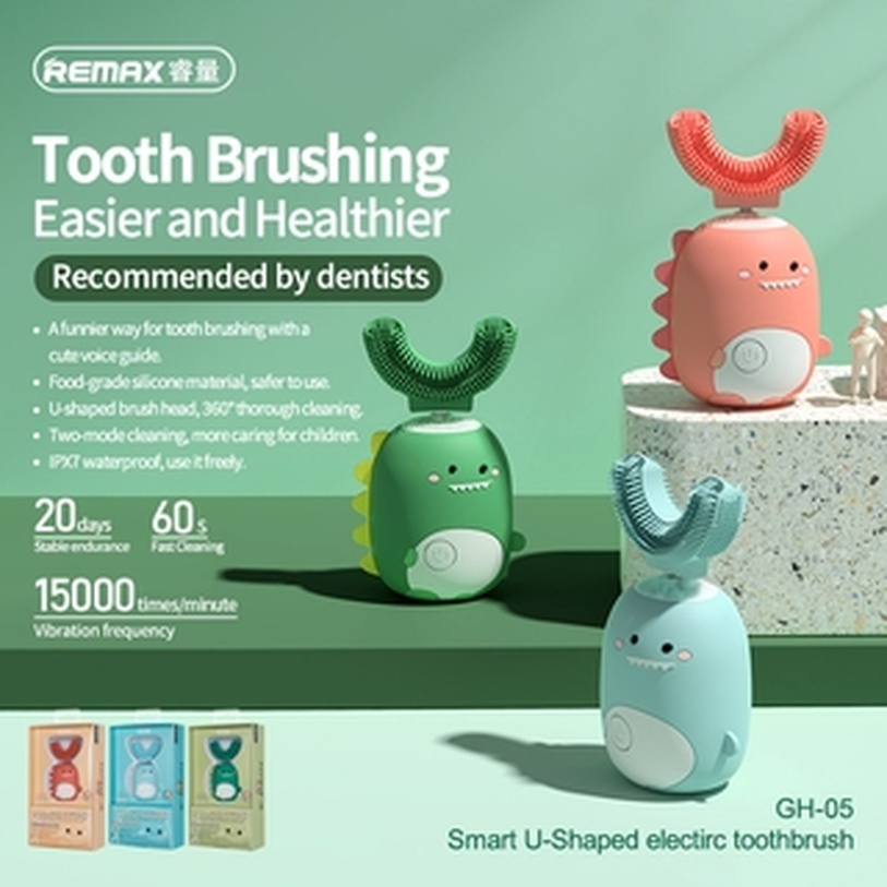 REMAX แปรงสีฟันไฟฟ้าสำหรับเด็กรูปตัวยูแปรงฟันเด็กอัตโนมัติรูปตัวยูขนนุ่มแบบชาร์จไฟได้กันน้ำ [COD]