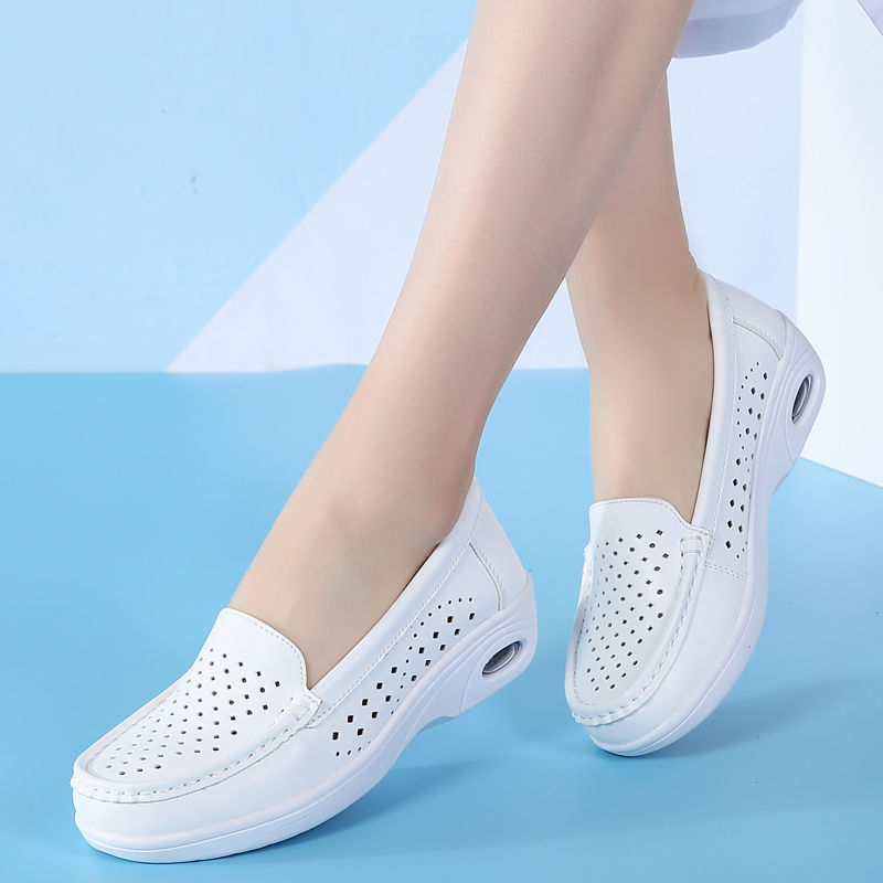 Nurse Shoes Soft Bottom Cutout Summer New Breathable Deodorant Comfortable Wedge Flat White Shoes Non-Slip Work Shoes Korean Style Women