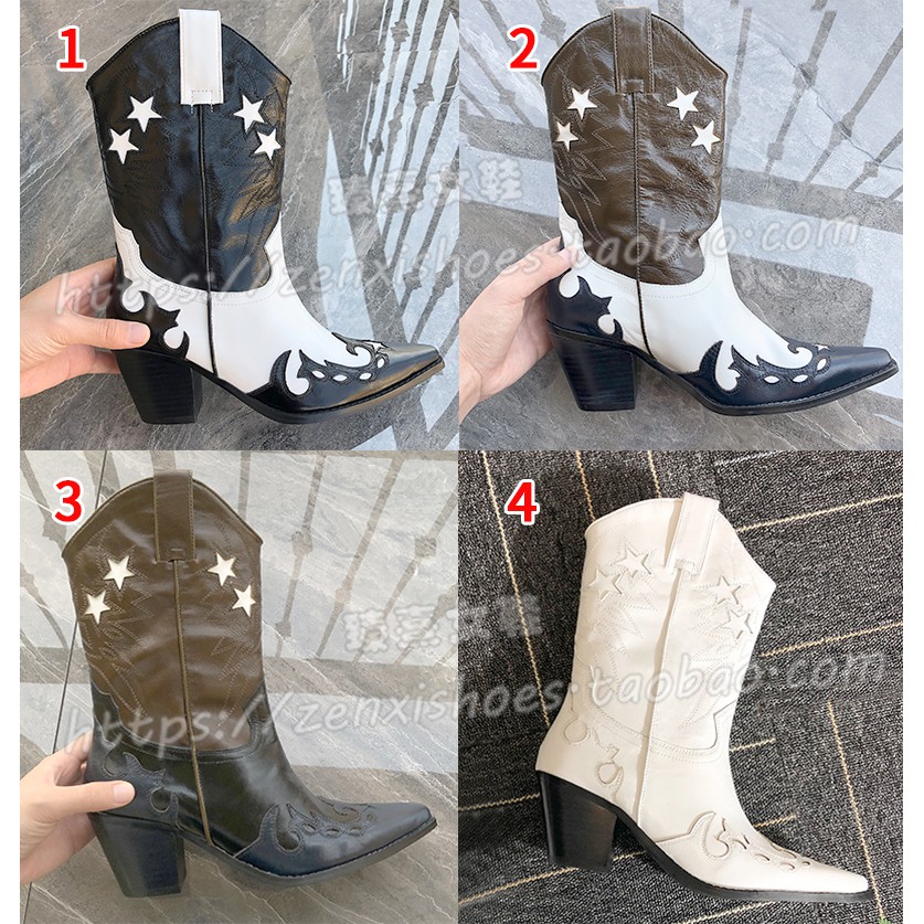 เจิน Xi2021ใหม่รองเท้าผู้หญิงย้อนยุคหนังรองเท้าปักในหลอดคาวบอยตะวันตกมาร์ตินรองเท้าหนากับน้ำบุคลิกภาพ