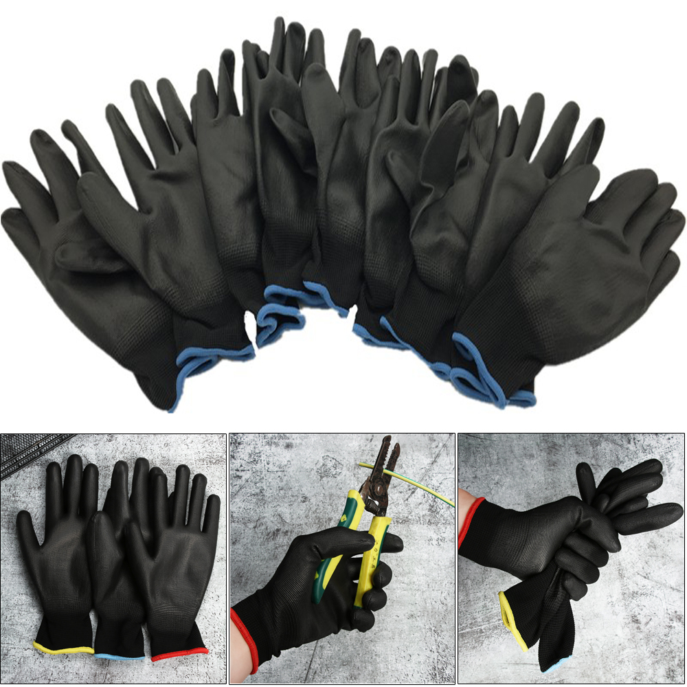 JQ8QB4H 1/6 Pairs Non-slip Anti-static PU Black Labor Protection Polyurethane Coated Work Gloves