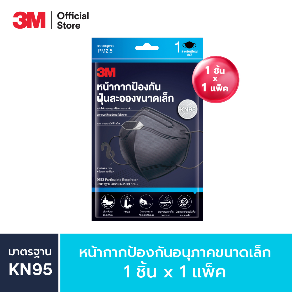 3M หน้ากากป้องกันฝุ่นละอองขนาดเล็ก กรอง PM2.5 มาตรฐาน KN95 แพ็คสุดคุ้ม  3M KN95 Particulate Respirator Value Pack (สีดำ)