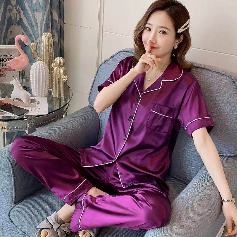 Lindashopชุดนอนผุ้หญิงแฟชั่นสไตล์เกาหลี ชุดนอนผ้าซาติน ชุดนอนแขนสั้นขายาว ใส่สบาย สีพื้น สินค้าพร้อมส่ง