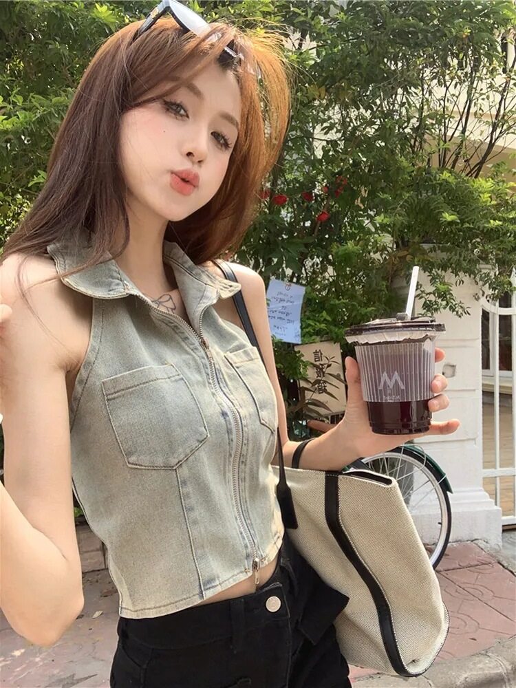 Sleeveless Denim Tank Top Women's Short Top