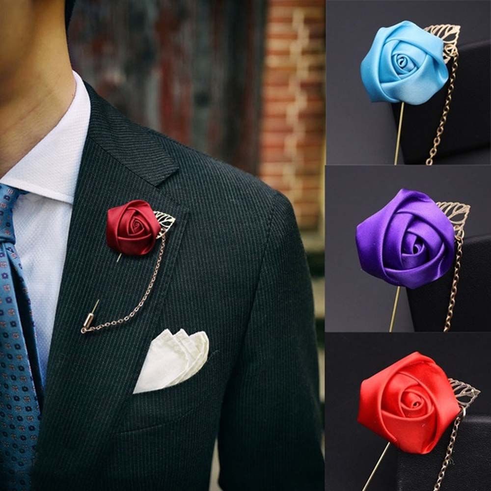 Men Suit Rose Flower Brooches Canvas Fabric Ribbon Tie Pins
