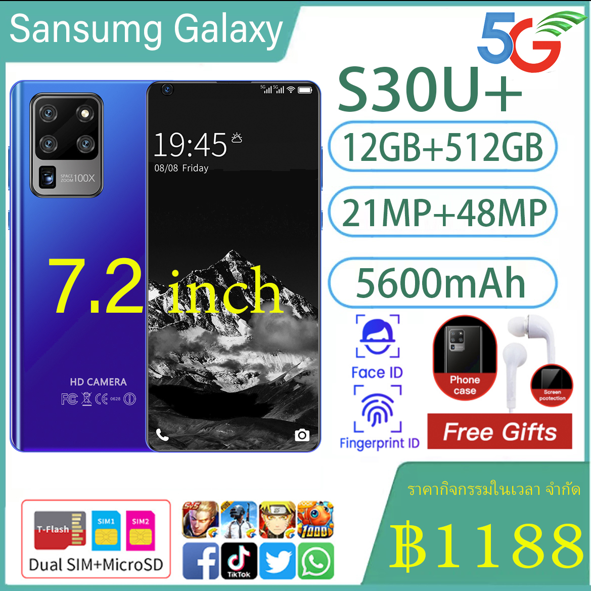 มือถือราคาถูก Sansumg Galaxy S30u + มือถือสมาร์ทโฟนจอใหญ่ 7.2 นิ้ว RAM12G Rom512GB หน่วยความจำใหญ่รองรับ 5G จริง Android 10 สแกนลายนิ้วมือปลดล็อคใบหน้าสเปคจริง / ราคาถูกมือถือของแท้ส่งฟรีทั่วไทย