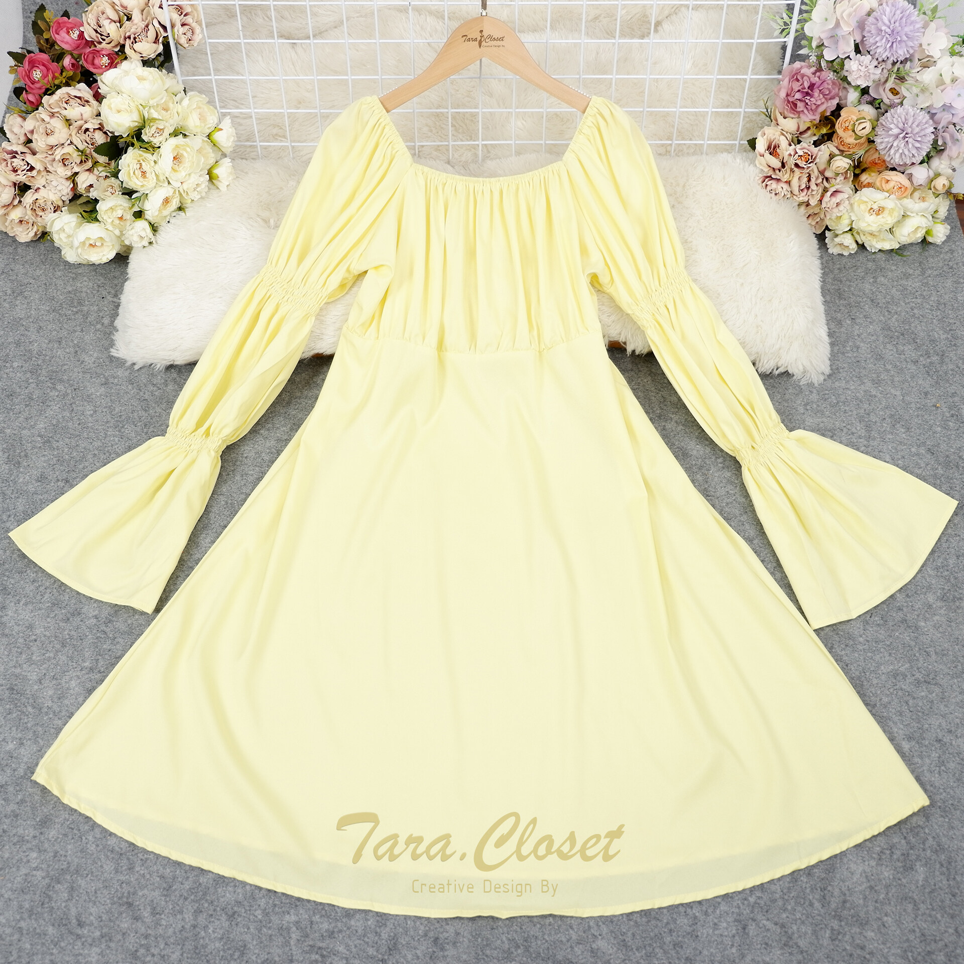 PE060 TARA Dress Bigsize ชุดเดรสญาญ่า คอเหลี่ยม ปาดไหล่ แขนยาว สม็อกแขน เนื้อผ้าไหมอิตาลี ผ้าเบาพริ้ว สวย ใส่สบาย