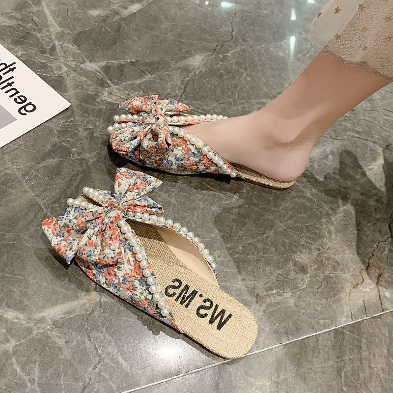 ViVi shoes Store 【Free Shipping Miễn phí vận chuyển】2022 new versatile bow  square toe shallow kick flat beanie shoes fairy single shoes 