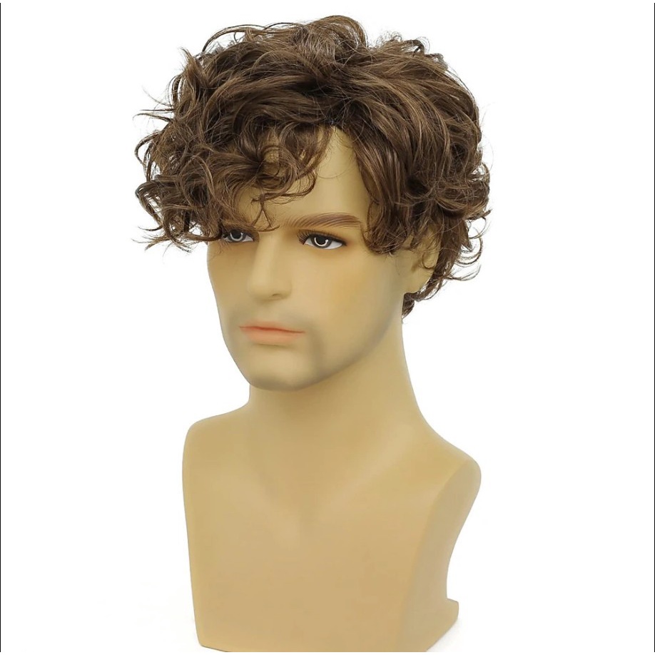 Men's Wig Brown Short Curly Long Bangs Frizz Fluffy Wig