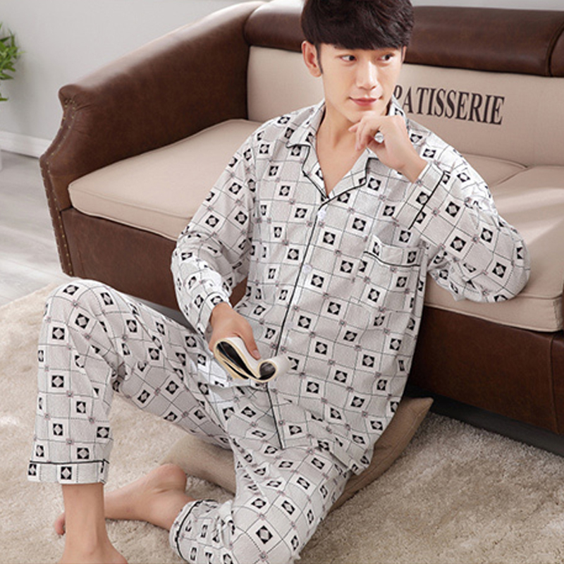 ชุดนอนผู้ชายชุดนอนผู้ชายกางเกงขายาวใส่อยู่บ้านชุดนอนผ้าฝ้ายชุดนอนเปิดซับใน男士纯棉睡衣套装