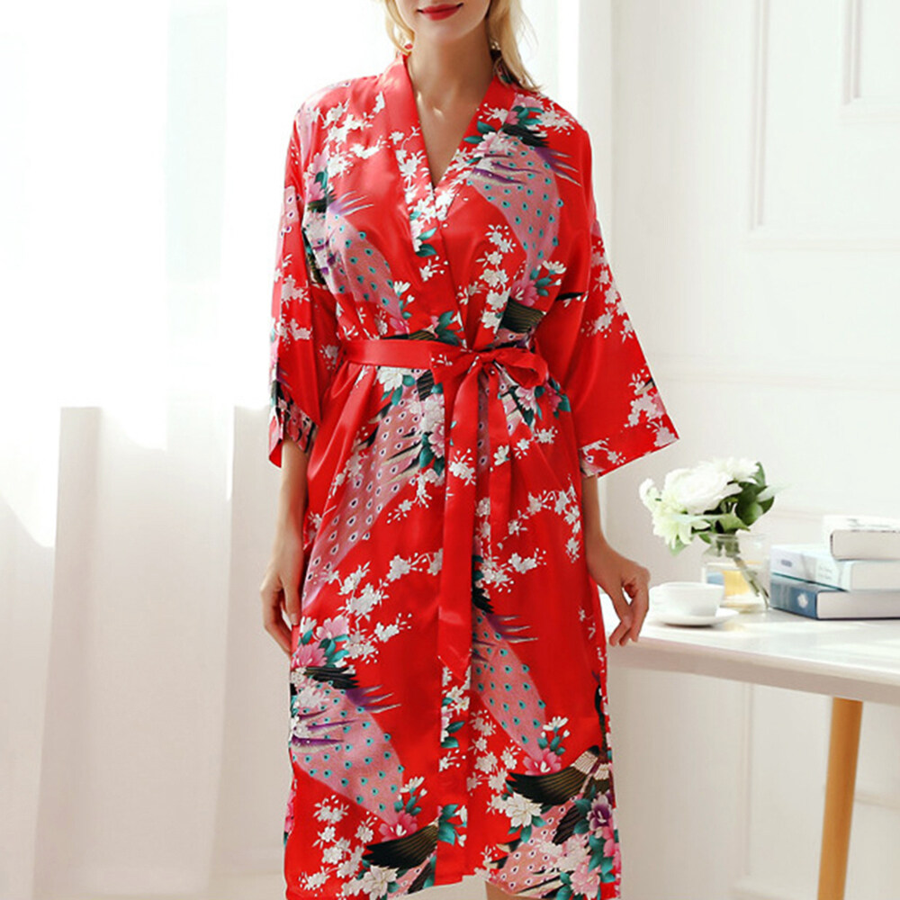 YTYHTHT ชุดเดรส Kimono ชุดคลุมลายนกยูงซาตินเสื้อคลุมอาบน้ำชุดกลางคืนนอน Robe ชุดนอน