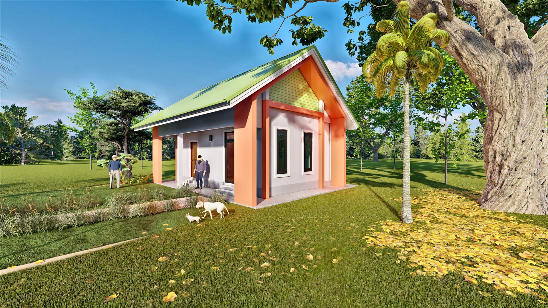 แบบบ้านชั้นเดียวหลังคาทรงจั่วนอดิก1ห้องนอน 1ห้องน้ำ 1ห้องครัว แบบบ้านพร้อมยื่นขออนุญาตปลูกสร้างและยื่นกู้ธนาคาร พื้นที่ไม่ถึง150ตารางเมตร