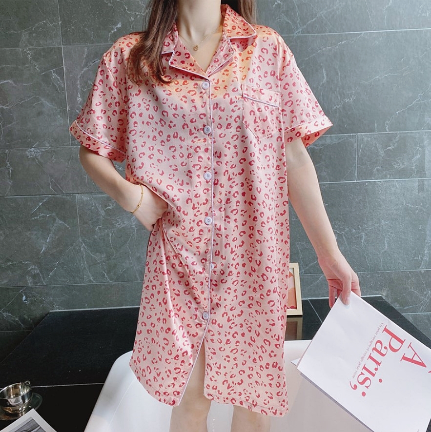 GN ผ้าซาติน ชุดนอนสไตล์เกาหลีลายการ์ตูน ชุดนอนคนอ้วน ชุดนอนผู้หญิง ชุดนอนเดรส ชุดนนอนผ้าซาติน ST33
