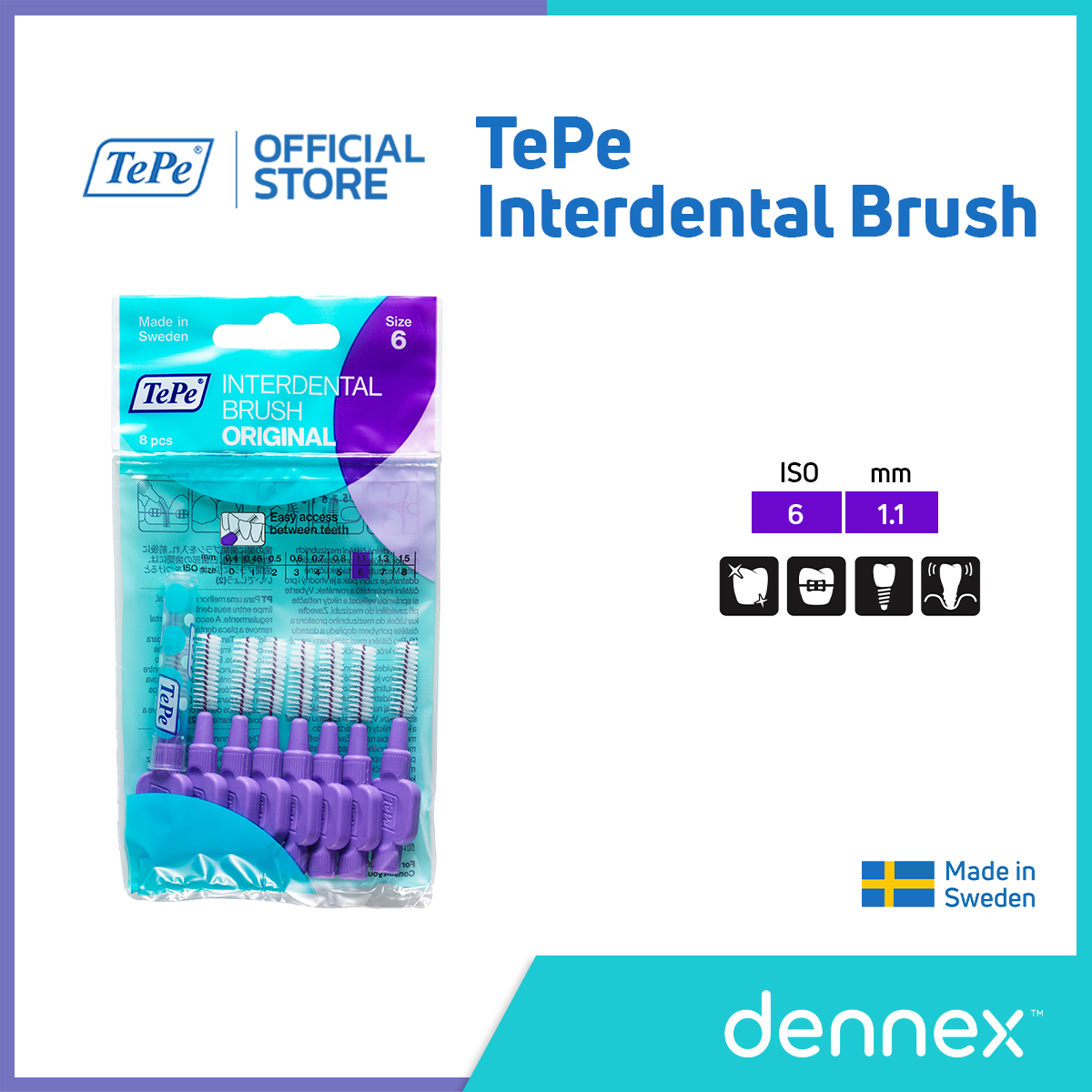 TePe Interdental Brush แปรงซอกฟัน ขนนุ่ม แปรงซอกฟันเทเป้ อินเทอร์เด็นทัล บลัช รุ่นออริจินัล แพ็ค 8 ชิ้น By Dennex