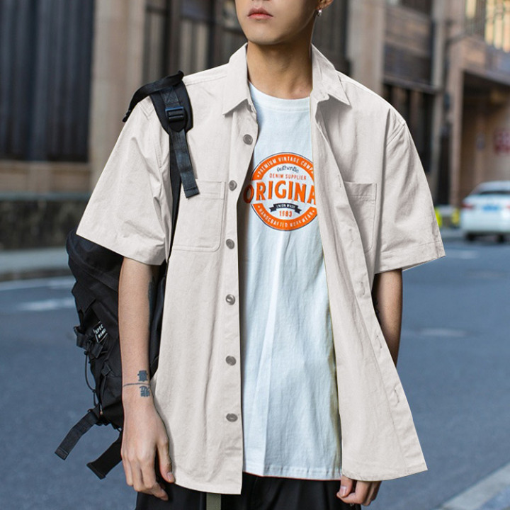 Pink.Me เสื้อแจ็คเก็ตแขนสั้นผู้ชาย เสื้อคลุมชาย เสื้อแจ็คเก็ตสไตล์เสื้อเชิ้ต สไตล์ญี่ปุ่น (ไซส์M-XL)