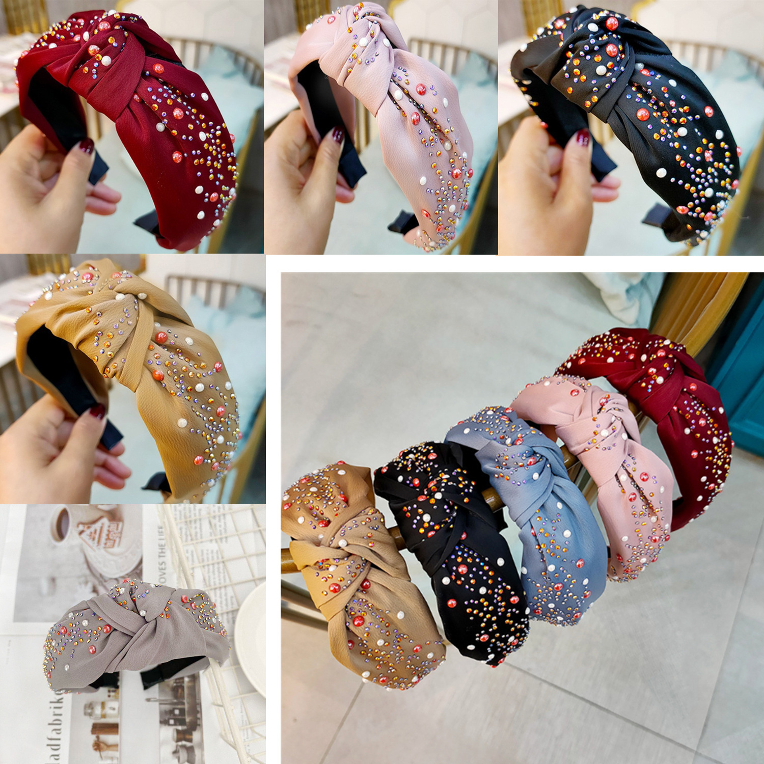 F8C503Y Women Comfortable Luxury Jeweled Fashion Vintage Broad-edged Diamond Knotted Headband Embellished Top Rhinestone Broad Edge Headband Comfy Soft Fabric Top Knot