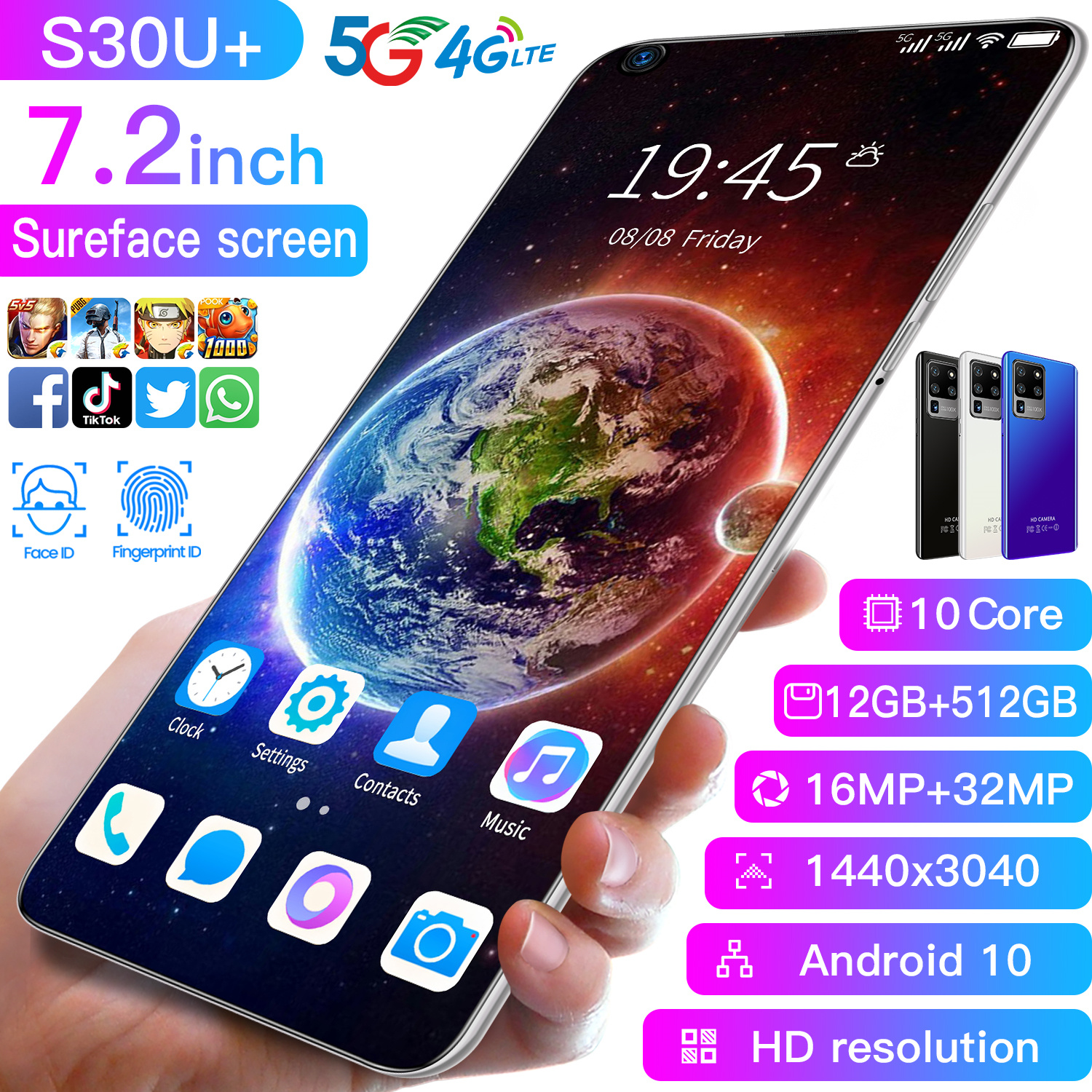 โทรศัพท์มือถือ Sansumg S30u Plus 7.2นิ้ว 12G+512G Full HD กล้องหน้า 24MPกล้องหลัง 48MP แบตฯอึด 4,800mAh ปลดล็อกด้วยใบหน้า ใช้แอพธนาคารได้