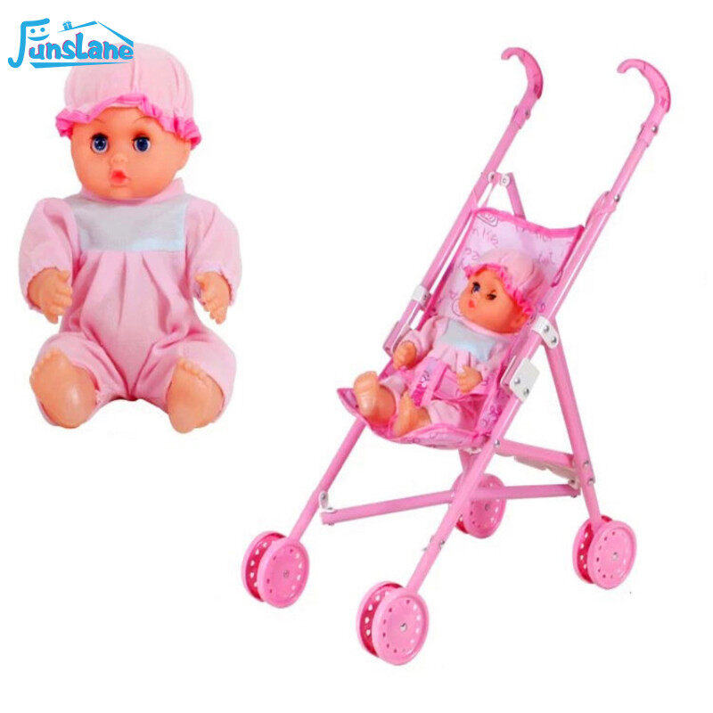 FunsLane Baby Infant Doll Stroller Carriage Foldable with Doll for 12inch