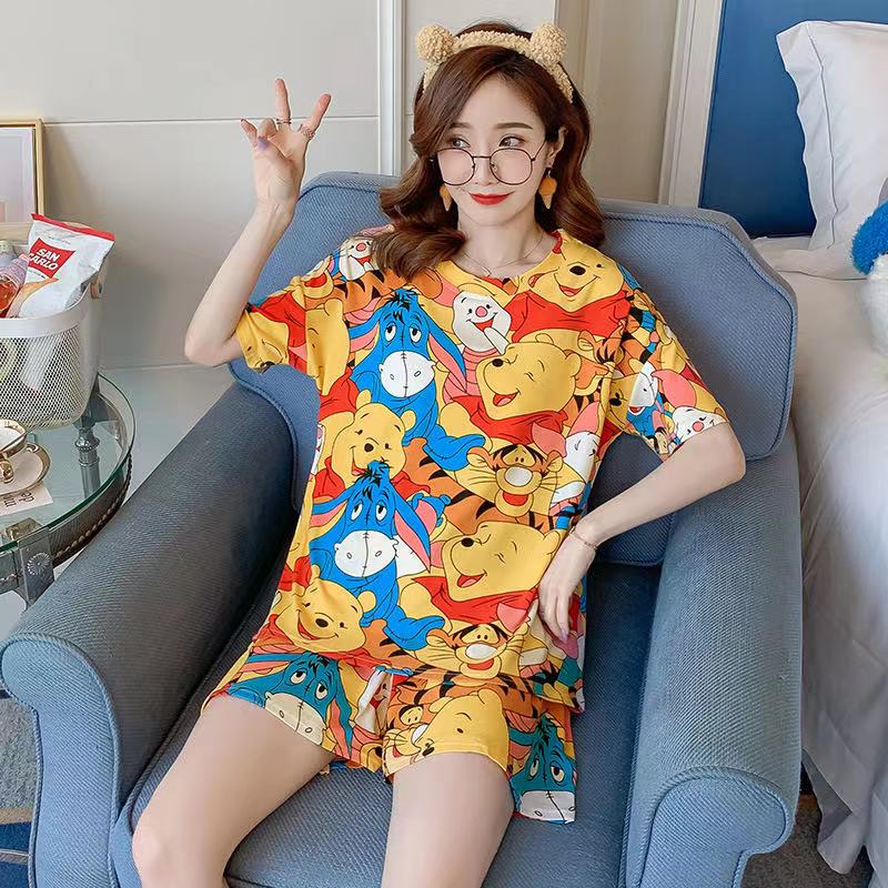 Cชุดนอนผุ้หญิงแฟชั่นสไตล์เกาหลี ชุดนอนแบบแขนสั้นขาสั้น ชุดนอนผ้าคอตตอน  ชุดนอนลายการ์ตุน