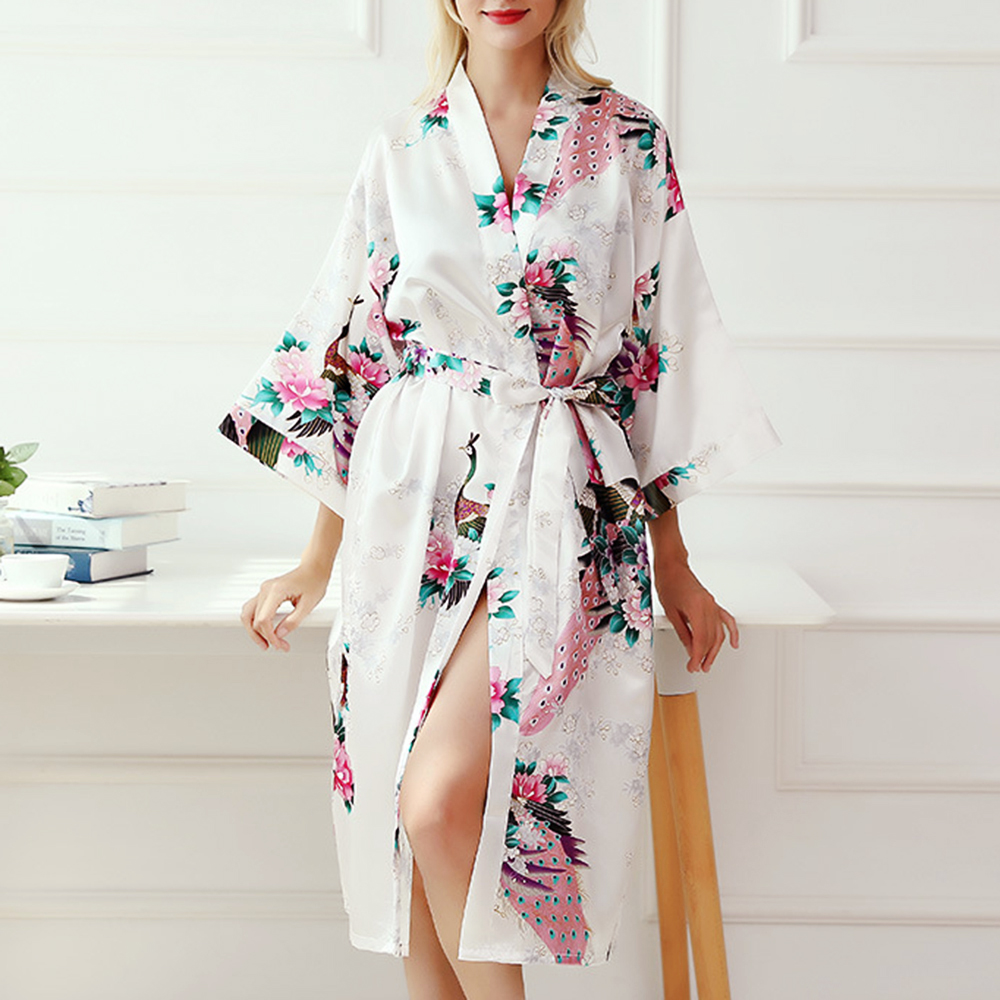 WEFRTGH ชุดเดรสซาติน Robe Kimono ชุดนอนผ้าไหมเสื้อคลุมนอนชุดคลุมอาบน้ำชุดนอน