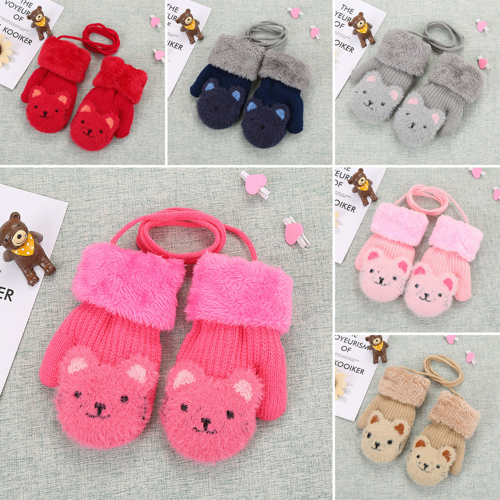 PING3693 Winter Elastic Boys Girls Baby Toddler Thick Warm Cute Cartoon Knitted Mittens Kids Gloves