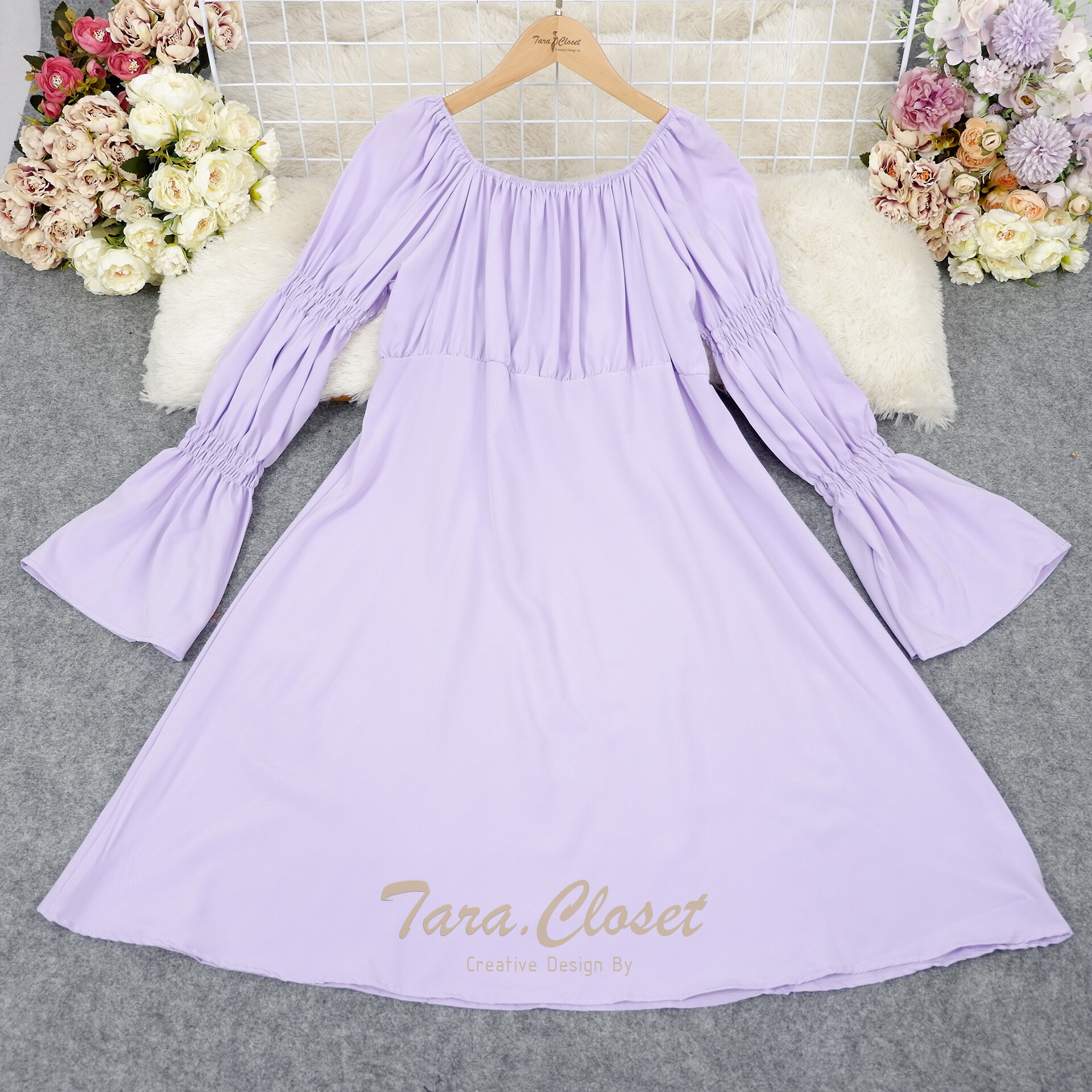 PE060 TARA Dress Bigsize ชุดเดรสญาญ่า คอเหลี่ยม ปาดไหล่ แขนยาว สม็อกแขน เนื้อผ้าไหมอิตาลี ผ้าเบาพริ้ว สวย ใส่สบาย