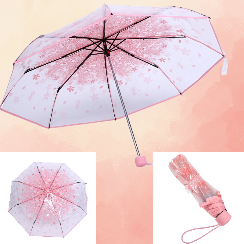 【ห้ามพลาด】【ห้ามพลาด】1 Folding Umbrella ชิ้นโปร่งใสร่มพับร่มชูชีพเจ้าหญิงร่มเชอร์รี่ดอกไม้สี่สี - นานาชาติ