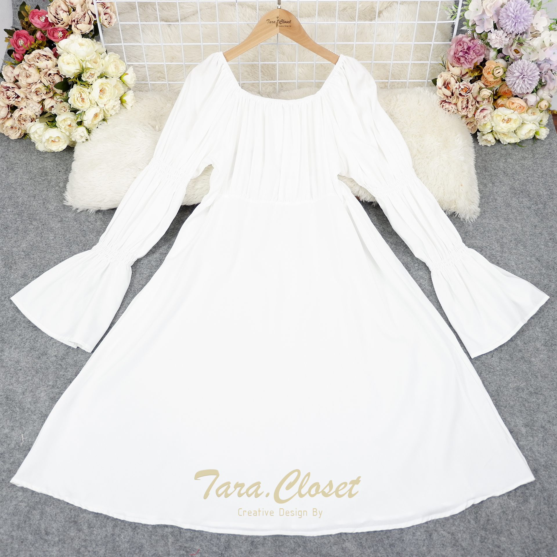 PE060 TARA Dress Bigsize ชุดเดรสญาญ่า คอเหลี่ยม ปาดไหล่ แขนยาว สม็อกแขน เนื้อผ้าไหมอิตาลี ผ้าเบาพริ้ว สวย ใส่สบาย