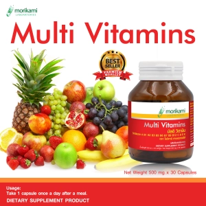 ภาพหน้าปกสินค้าวิตามินรวม x 1 ขวด มัลติวิตามิน โมริคามิ Multi Vitamins Morikami x 30 capsules วิตามินรวม A B1 B2 B3 B5 B6 B7 B9 B12 C D E K ที่เกี่ยวข้อง