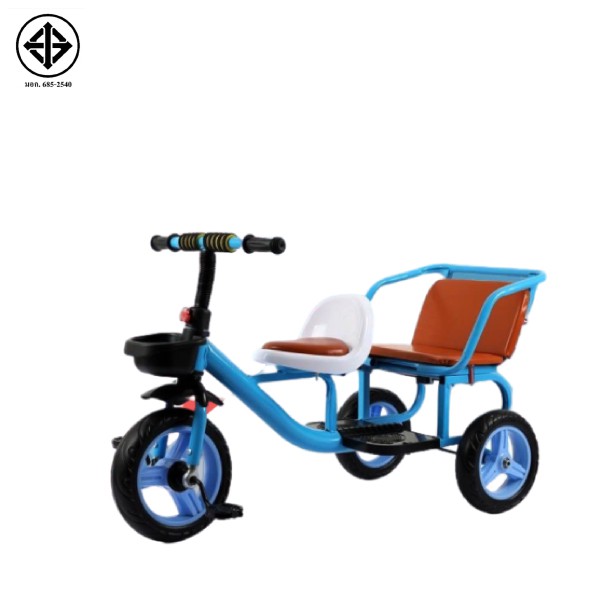 จักรยานสามล้อเด็กสองที่นั่ง จักรยานรถเข็นเด็กแฝดเด็กเล็กพี่น้อง เบาะนวมแบบนุ่มมีที่วางเท้าสำหรับคนนั่ง รถเข็นเด็ก