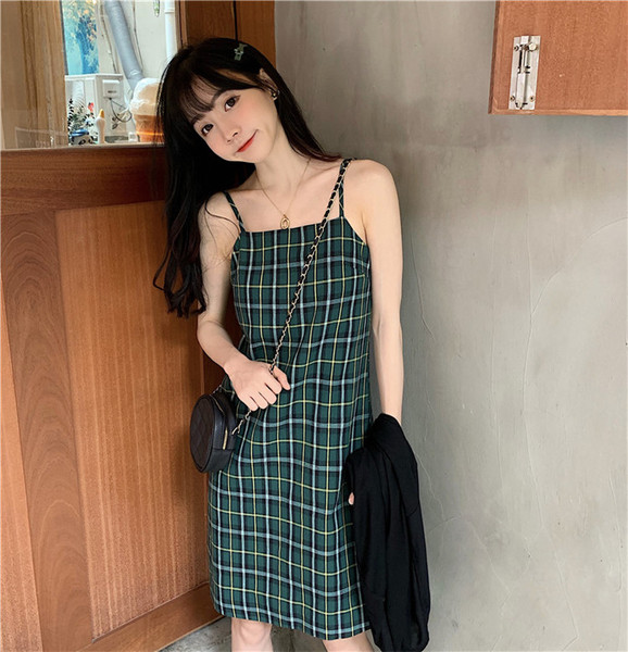 Foya ⚡พร้อมส่ง⚡เดรสสายเดี่ยวลายสก๊อต Plaid Spaghetti Strap Dress