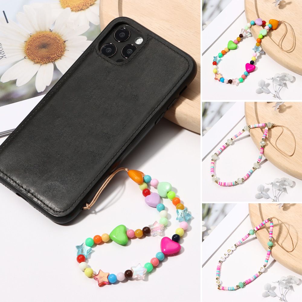 QIZI9595 Fashion Anti-Lost Acrylic Bead Colorful Phone Chain Soft Pottery Rope Cell Phone Case Hanging Cord Mobile Phone Strap Lanyard