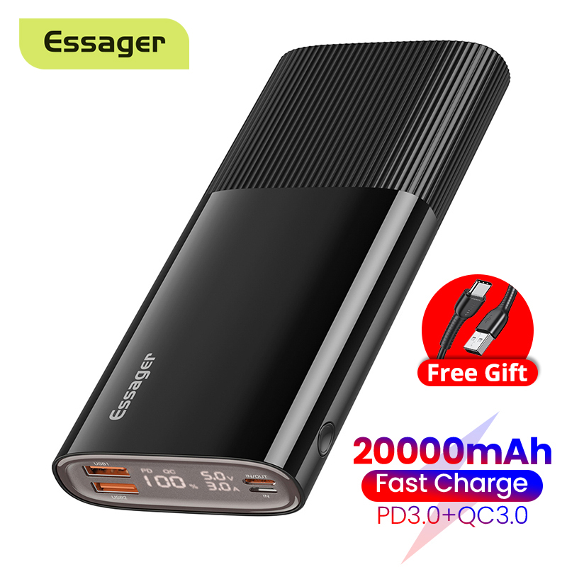 Essager พาวเวอร์แบงค์ 20000mAh Power Bank PD QC 3.0 Quick Charge ภายนอกเครื่องชาร์จ USB Type C พาเวอร์แบงค์ 20000 mAh Powerbank สำหรับ vivoy11 iPhone 12 11 Pro Max oppo a5s Huawei samsung