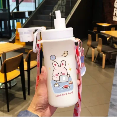 【Pinkpanda】water bottle Lovely cartoon frosted glass drink bottel Water bottle for running Portable sports bottel Water cup Capacity 500 ml (1)