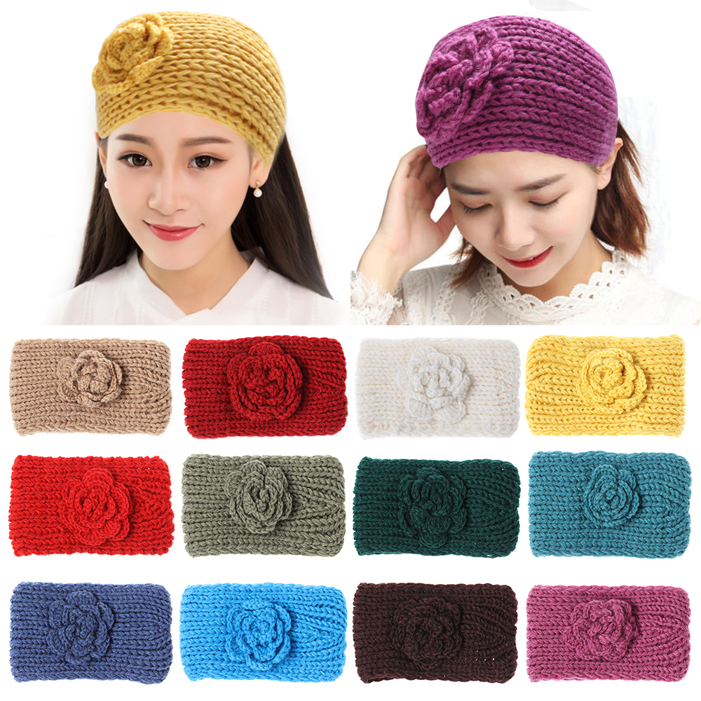 F8C503Y Winter Flowers Warm Camellia Hair Accessories Head Wrap Knit Hair Band Ear Warmer Headbands Wide Hairband